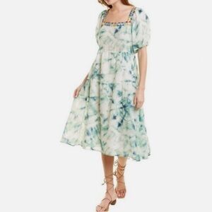 Johnny Was Workshop - Jade Marble Puff Sleeve Embroidered Tie Dye Midi Dress XS